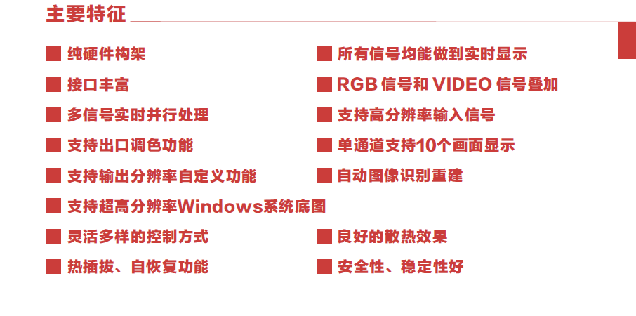 多画面处理器  十通道同步处理器  基于FPGA图像处理技术  专业视频处理器技术  现象级画质升级技术  所有画面实时显示  稳定的性能  灵活多样控制方法  自动图像识别重建